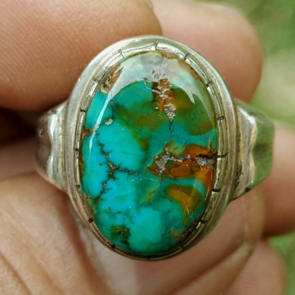 Batu Natural Pirus Persia Lawasan Super Hijau Gradasi Urat Emas Pola Ceplok Kura Dim-17 Ring Perak 9