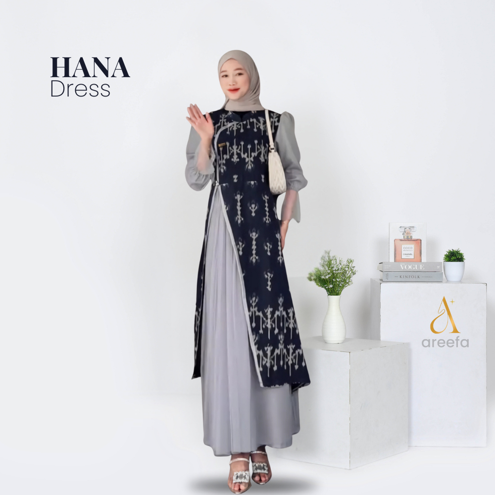 Areefa - HANA Gamis Batik Tenun Etnik Kombinasi Katun Tile Wanita Remaja Warna Navy Trisulla