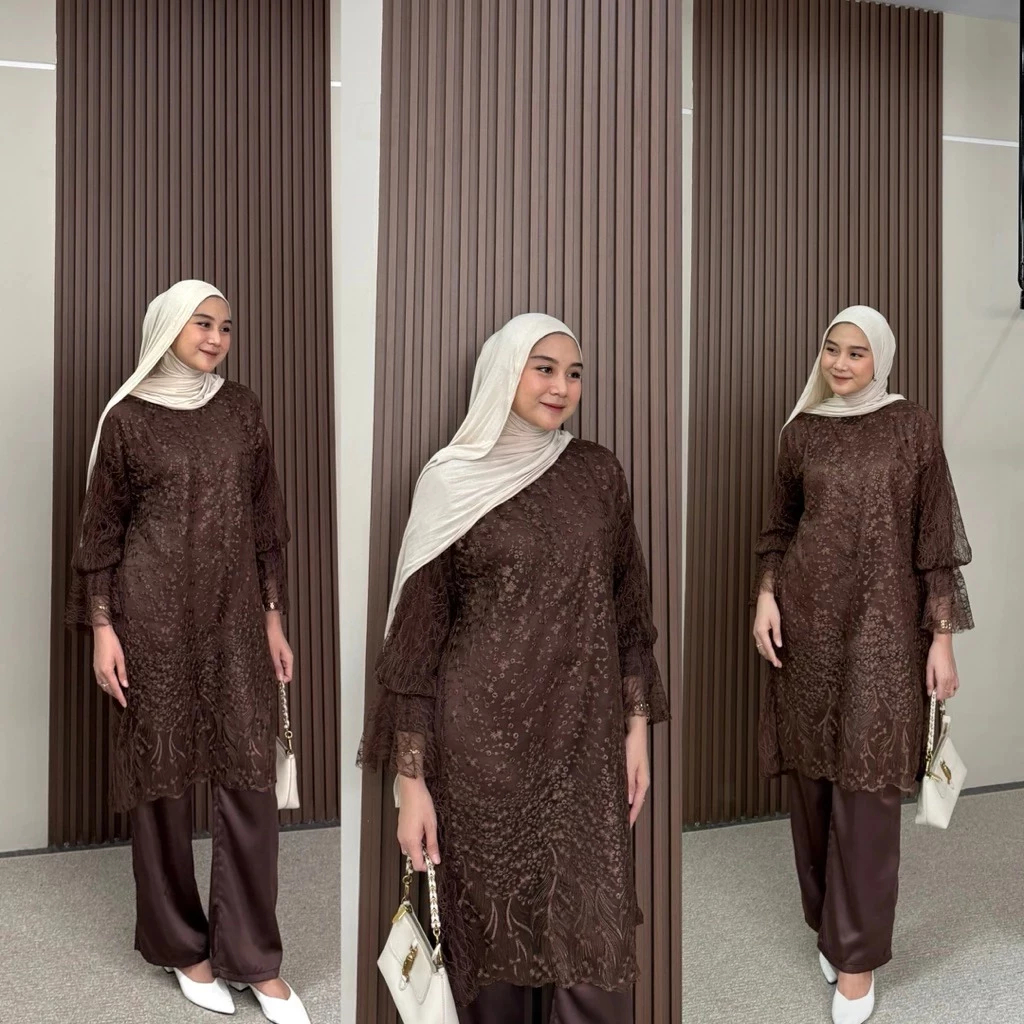 JULIA TUNIK 3 IN 1 OUTER BRUKAT+INNER SET CELANA/OUTER KONDANGAN BRUKAT TULLE CHANTILY/ATASAN BRUKAT