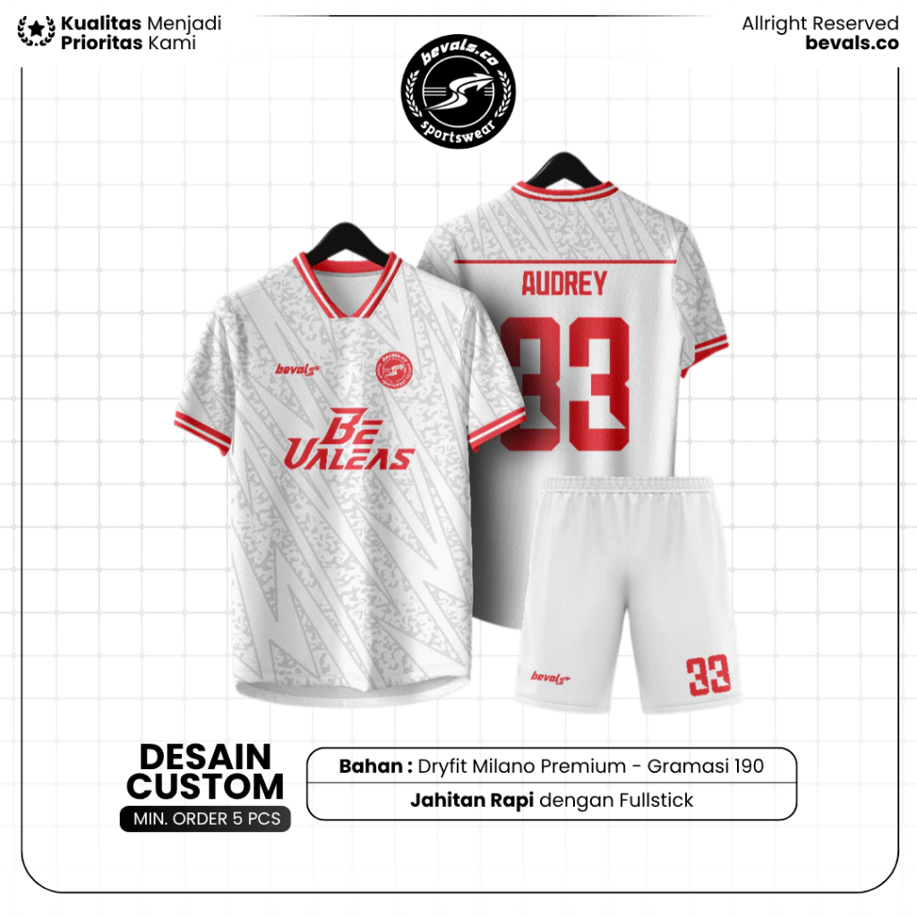 Jersey Futsal Kaos Sepak Bola Bevals Putih Satuan Setelan Full Printing Custom Nama Nomor Punggung