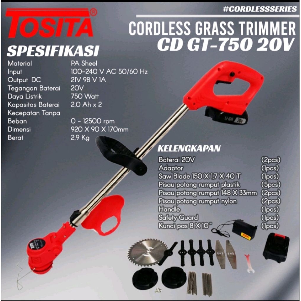 mesin potong rumput baterai cas TOSITA cd GT 750 / mesin potong rumput listrik GAT 002 DC / grass tr