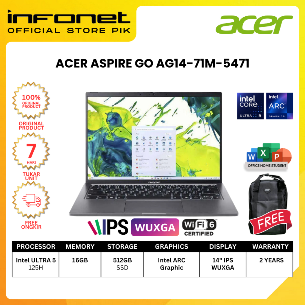ACER ASPIRE GO AG14 71M 5471 ULTRA 5 125H 16GB DDR5 512GB SSD 14" IPS WUXGA 100% sRGB W11H OHS2024
