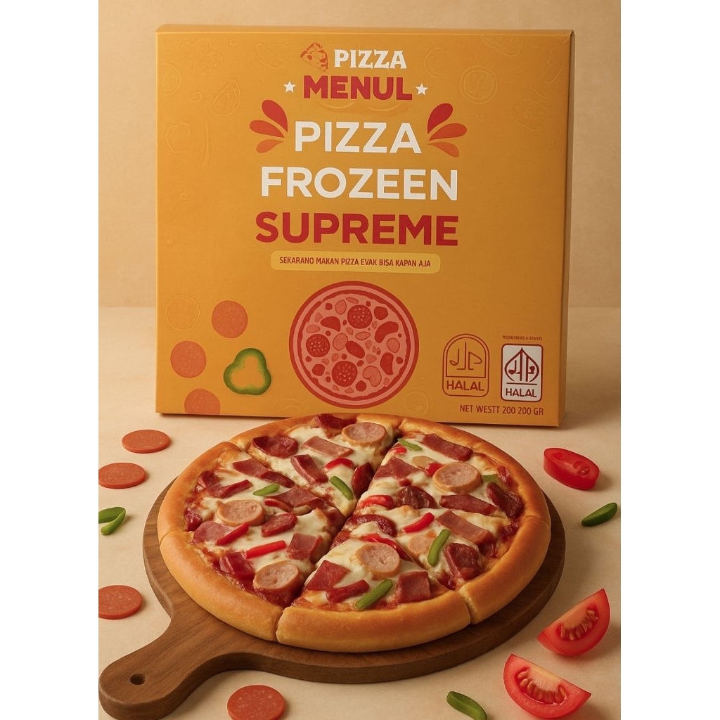 

pizza frozen supreme - 200gr - menul pepperoni smoke beef mozarella daging cincang -praktis - bersertifikat - pengiriman instan