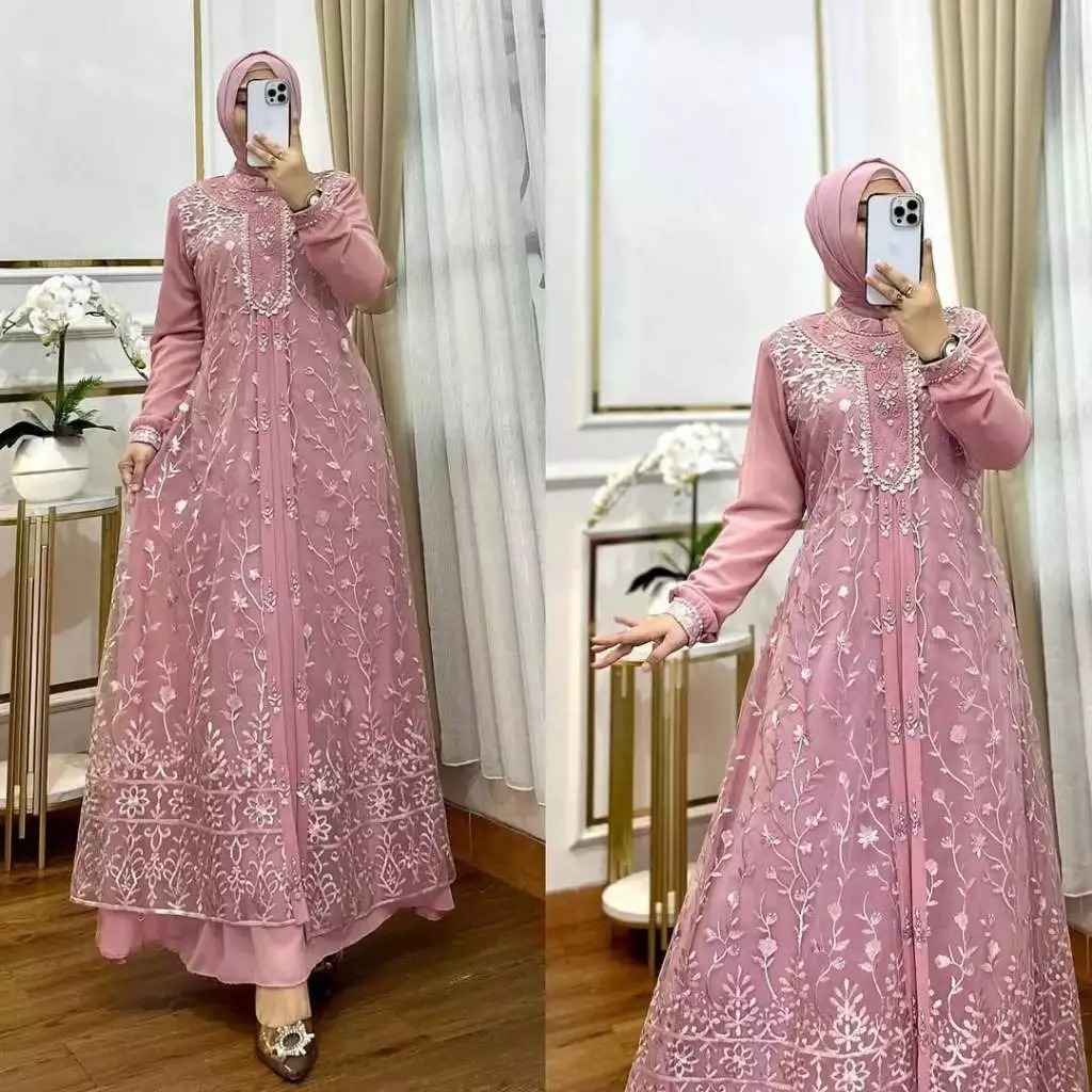 Gamis Muslimah  Maudy Dress Model Terbaru Bahan Ceruty Baydoll Mix Brokat Aksen Renda - Dress Wanita
