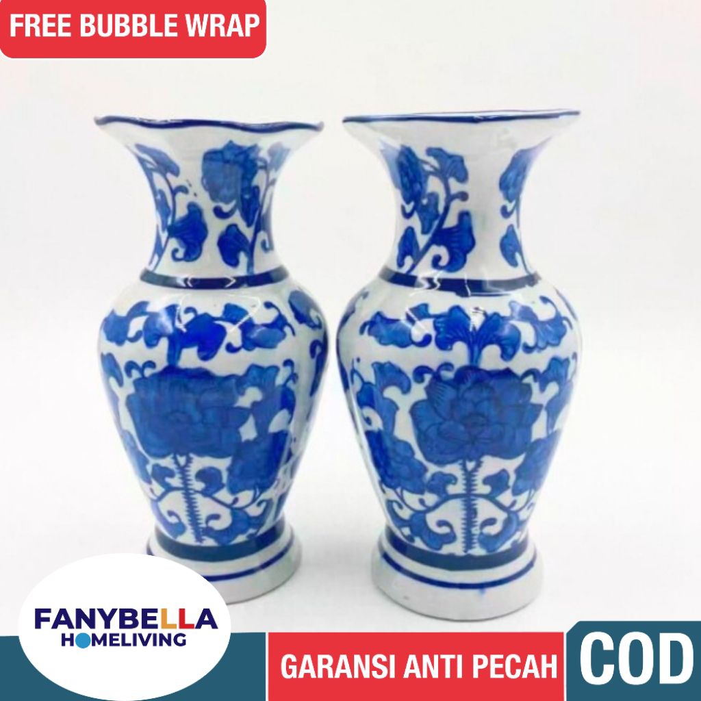 Vas Bunga Keramik Cina Putih Biru Import