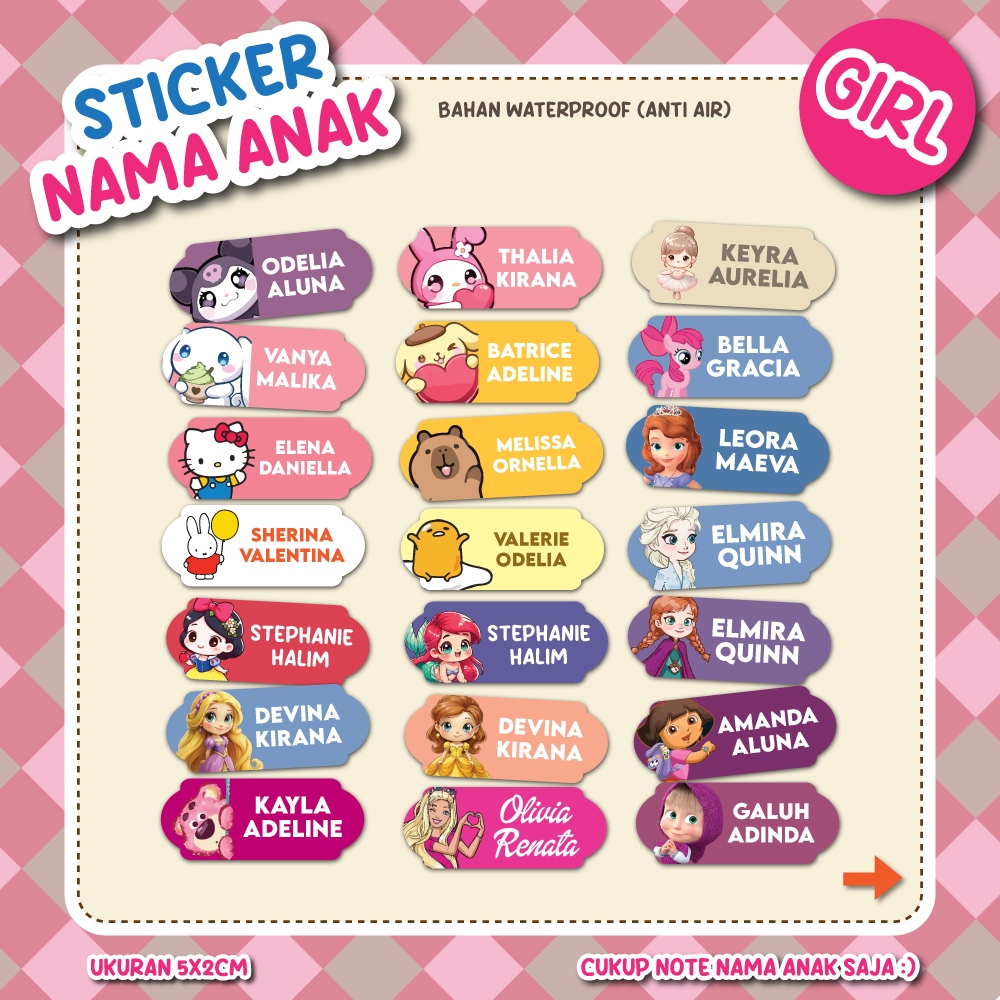 

[32 pcs] Stiker Nama dan [100 pcs] Stiker Pensil Karakter Girls Custom Waterproof Mix Gambar Favorit Anak Perempuan