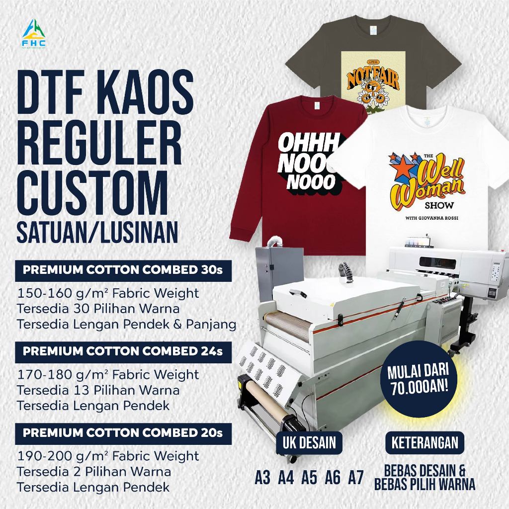 KAOS CUSTOM SABLON DTF SATUAN/LUSINAN PREMIUM QUALITY FHC ORIGINAL