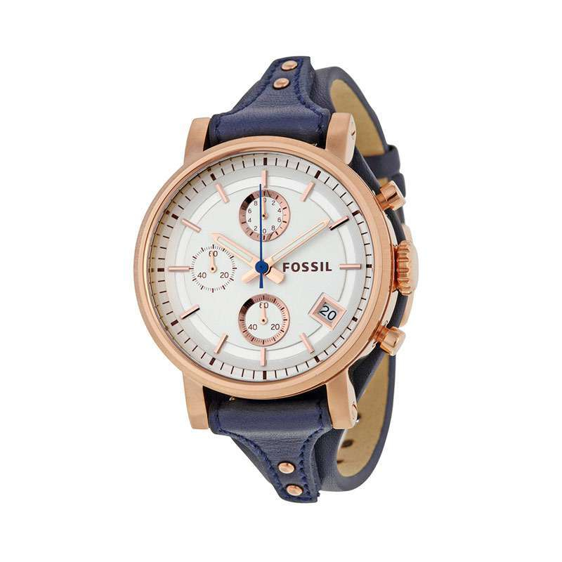 Fossil ES3838 Boyfriend Chronograph Silver Dial Blue Leather Strap Watch