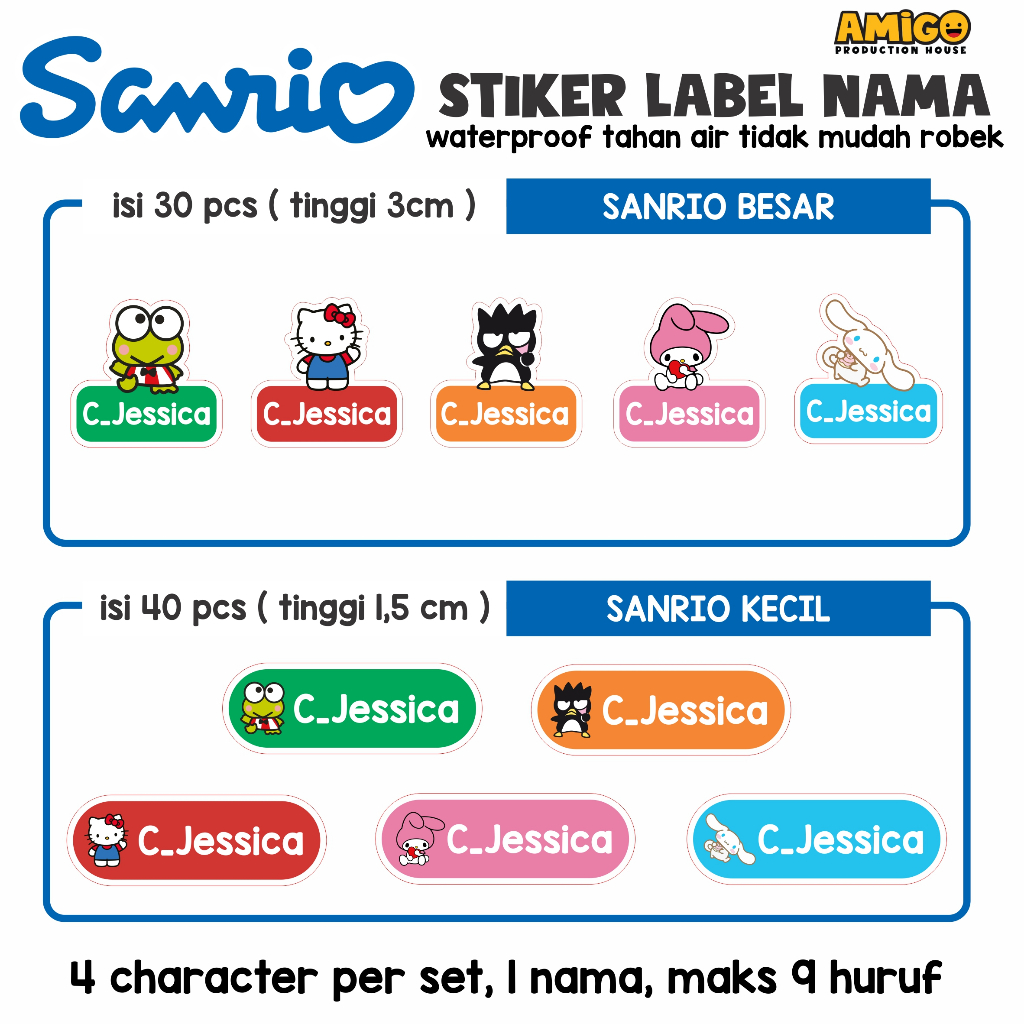 

Stiker Label Buku Sanrio Lucu Waterproof Sticker Anti Air Custom Nama