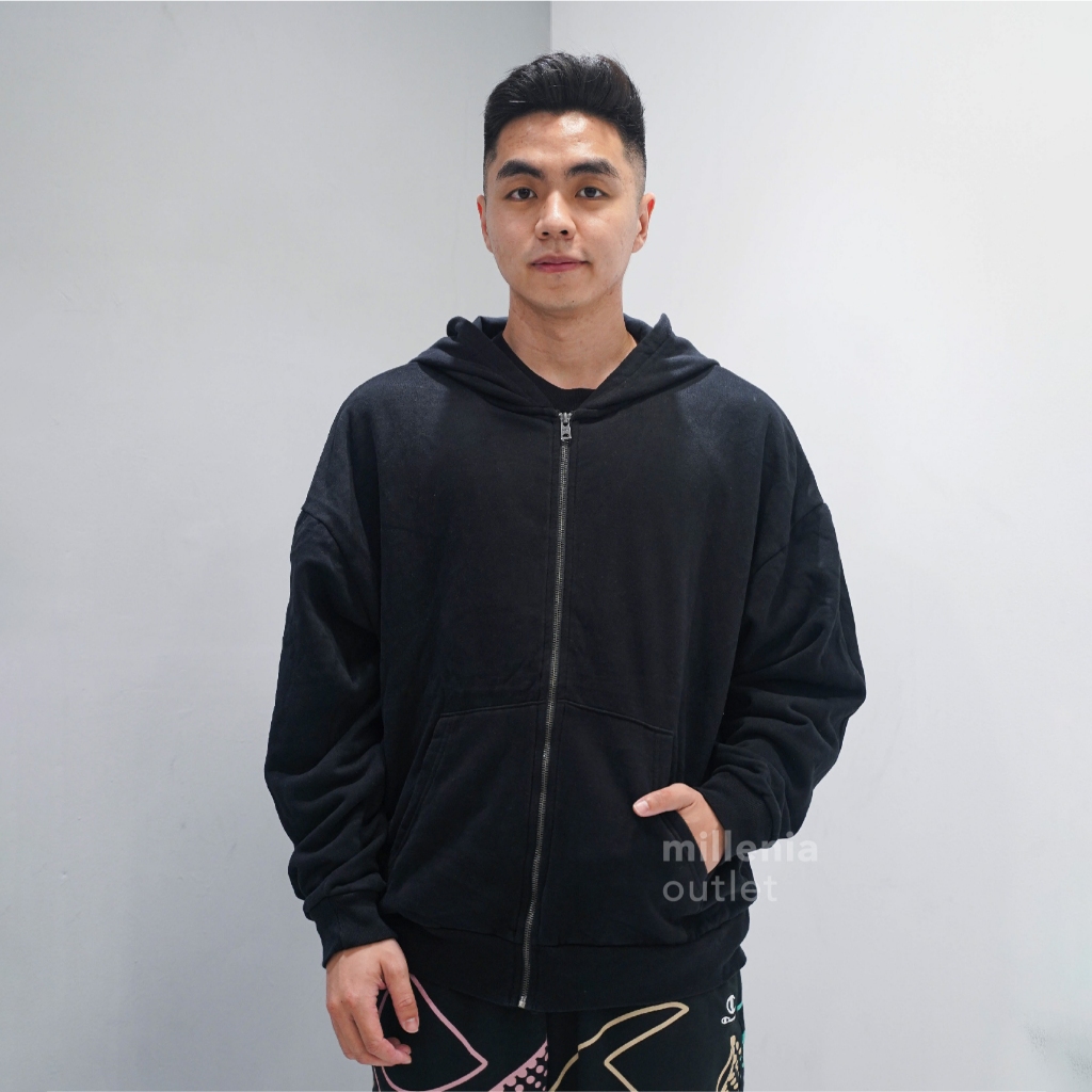 MO Jaket Resleting Hoodie Pria - Men Zipper Jacket Hoodie Basic Black