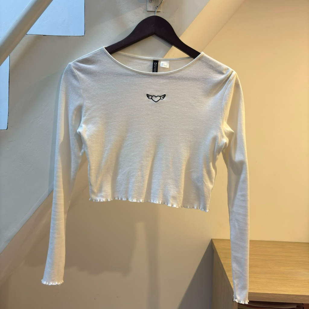 h&m crop top long sleeve white kaos lengan panjang putih