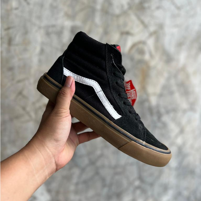 Sepatu Vens Sk-8 High Black Gum Clasics Sepatu Pria Wanita Casual Sneakers Bahan Canvas Kombinasi Su