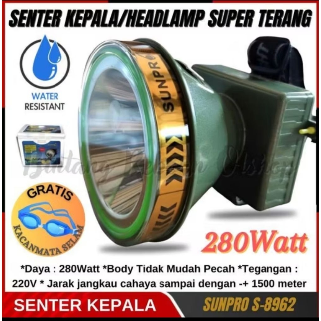 sunpro s-8962 Senter Kepala LED Selam Diving 280 Watt Sunpro S-8962 Cahaya Putih Waterproof Super Te