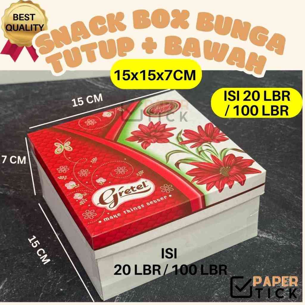 

(isi 20 lembar / 100 lembar) Box Snack / Dus Nasi / Dus Kue 15x15x7 cm TPS (tutup pisah)