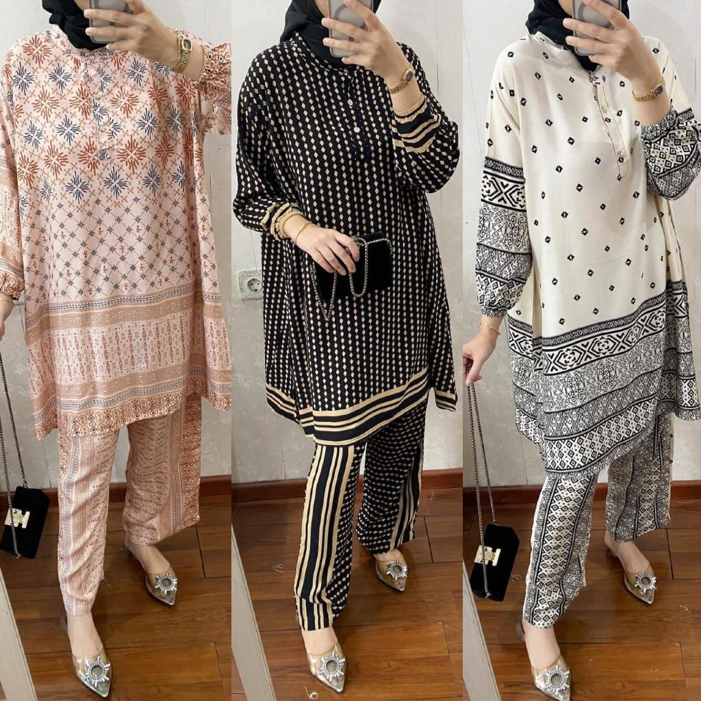 Setelan Dealova Tunik Rayon Premium Oneset Wanita Mosa Batik