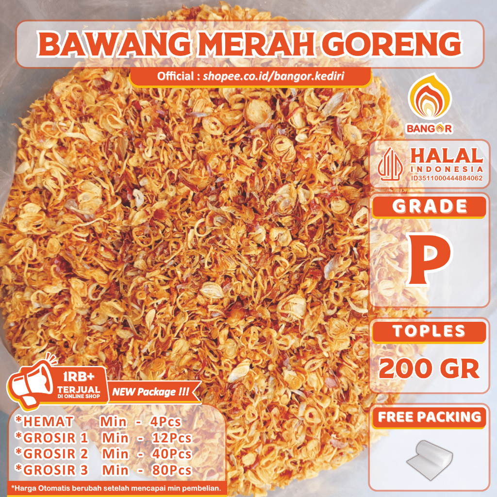 

MERAH-P [ TOPLES / 200 Gr ] Bawang Merah Goreng / Brambang Goreng, Premium, Toples