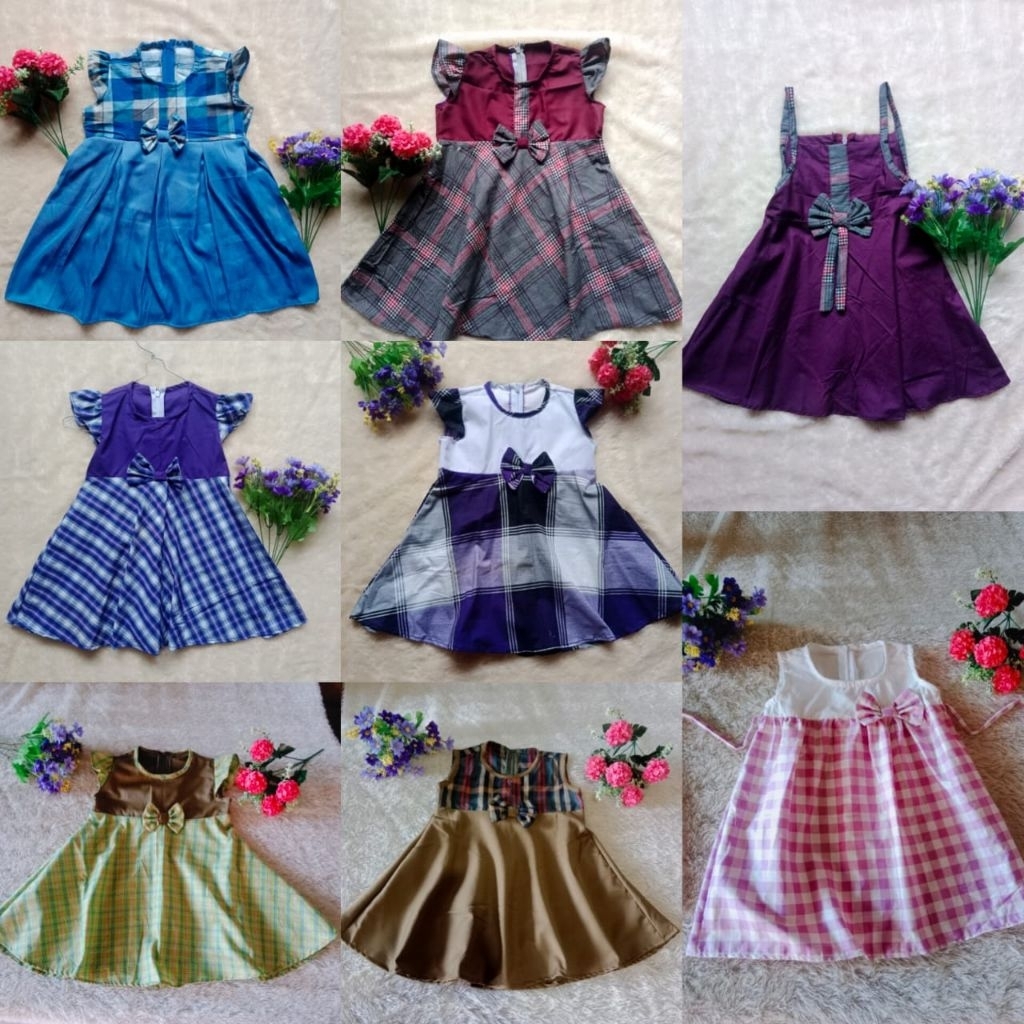 Paket Isi 4 Gaun Baju Anak Perempuan 2-3 Tahun Motif Kotak-Kotak
