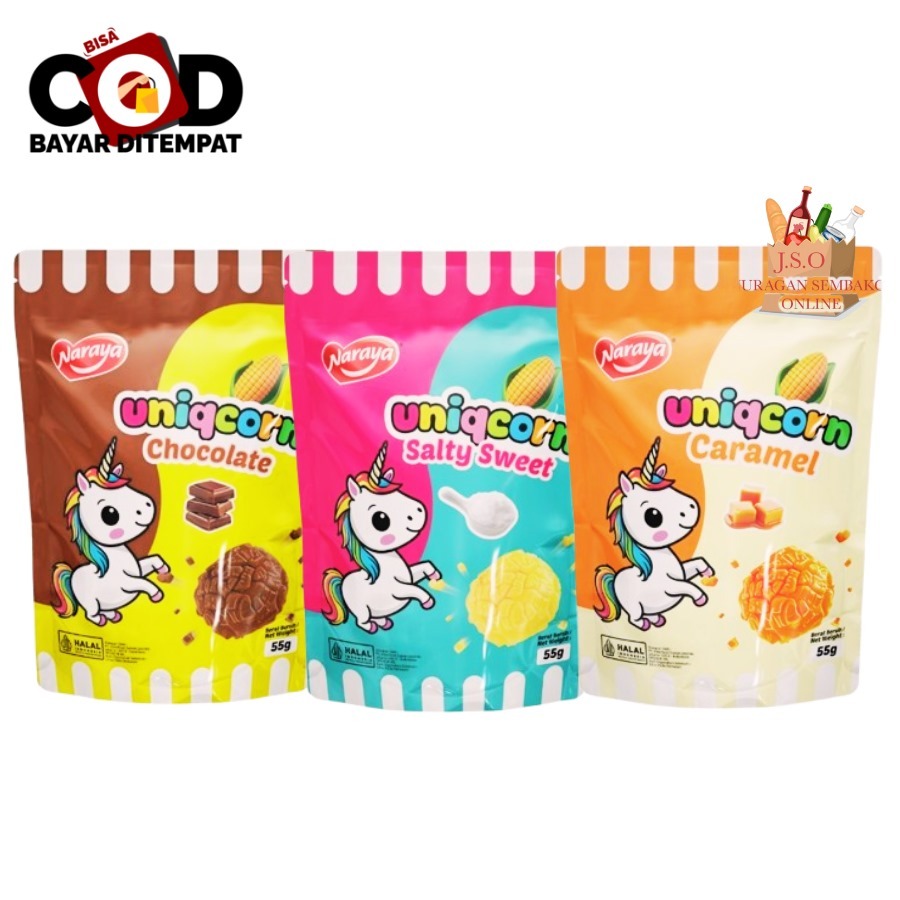 

[ JSO ] Naraya Uniqcorn Popcorn 55gr Caramel Chocolate Salty Sweet Pop Corn Big Ball Pouch Jagung Berondong Cemilan Snack Anak Halal Murah