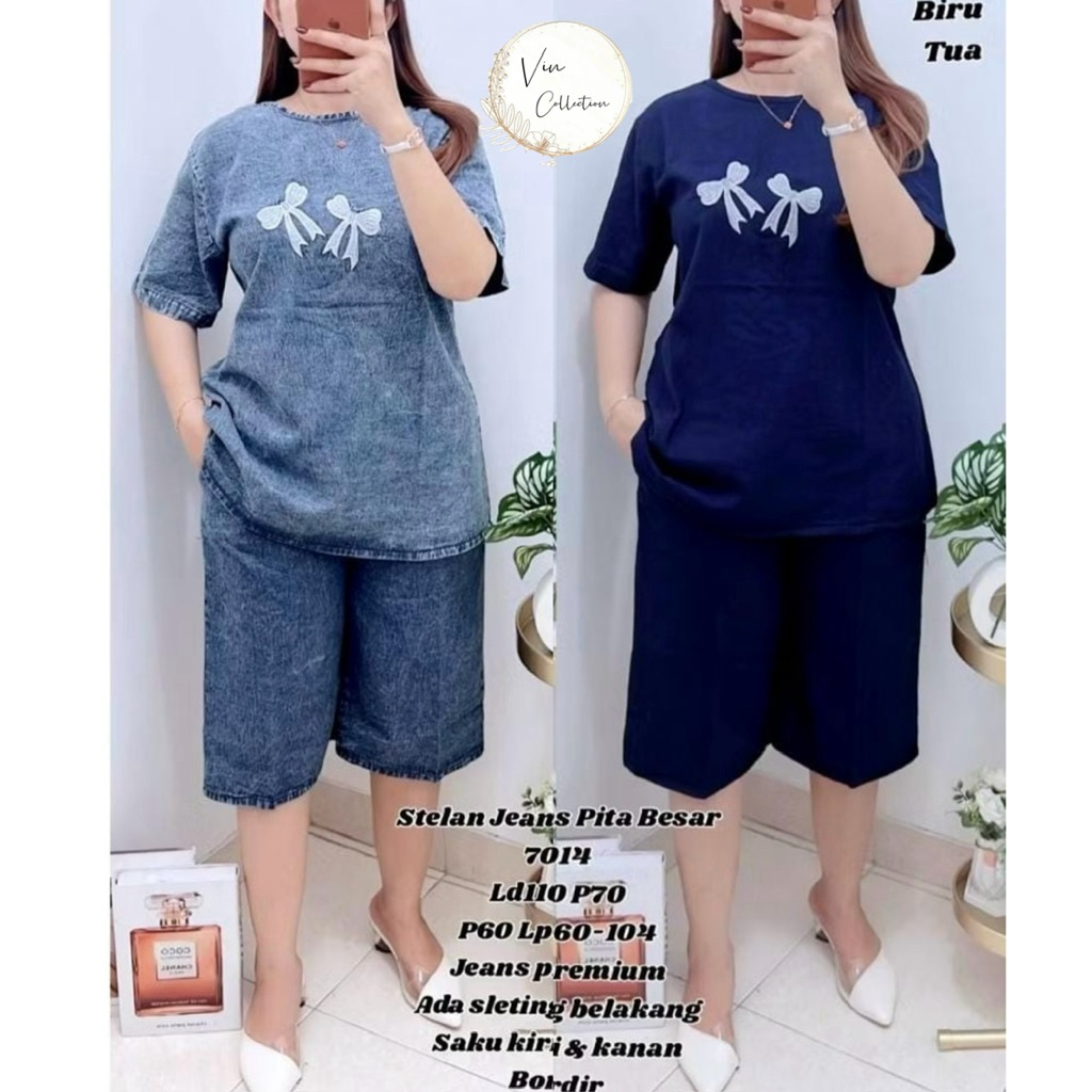 7014 SETELAN JEANS 3/4 BORDIR PITA LD110 WANITA|ONE SET JEANS|SETELAN LD110|SETELAN SANTAI