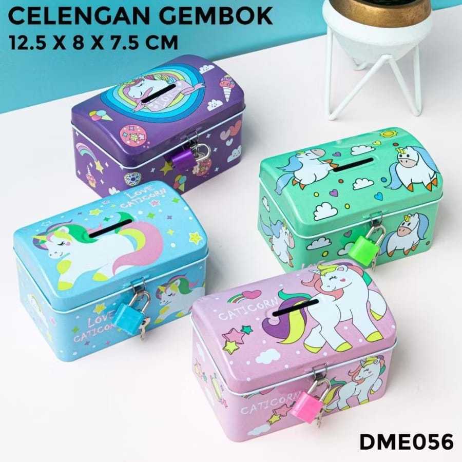 RST Celengan Kaleng Kunci Saving Box Tempat Penyimpanan Uang Motif Unicorn Celengan Gembok Mini Anak