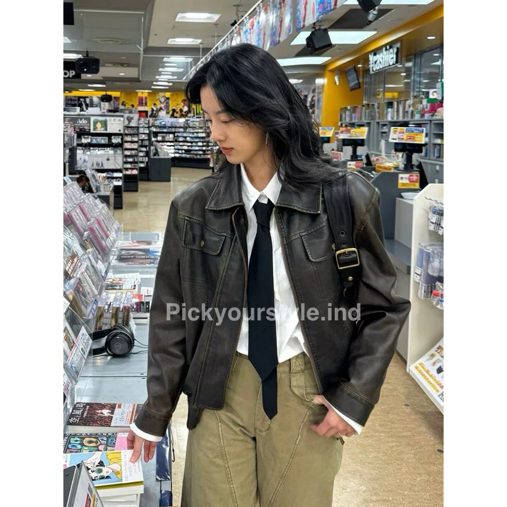 Jaket boxy jaket kulit pria wanita black leather jacket kemeja kulit unisex kemeja casual lengan pan