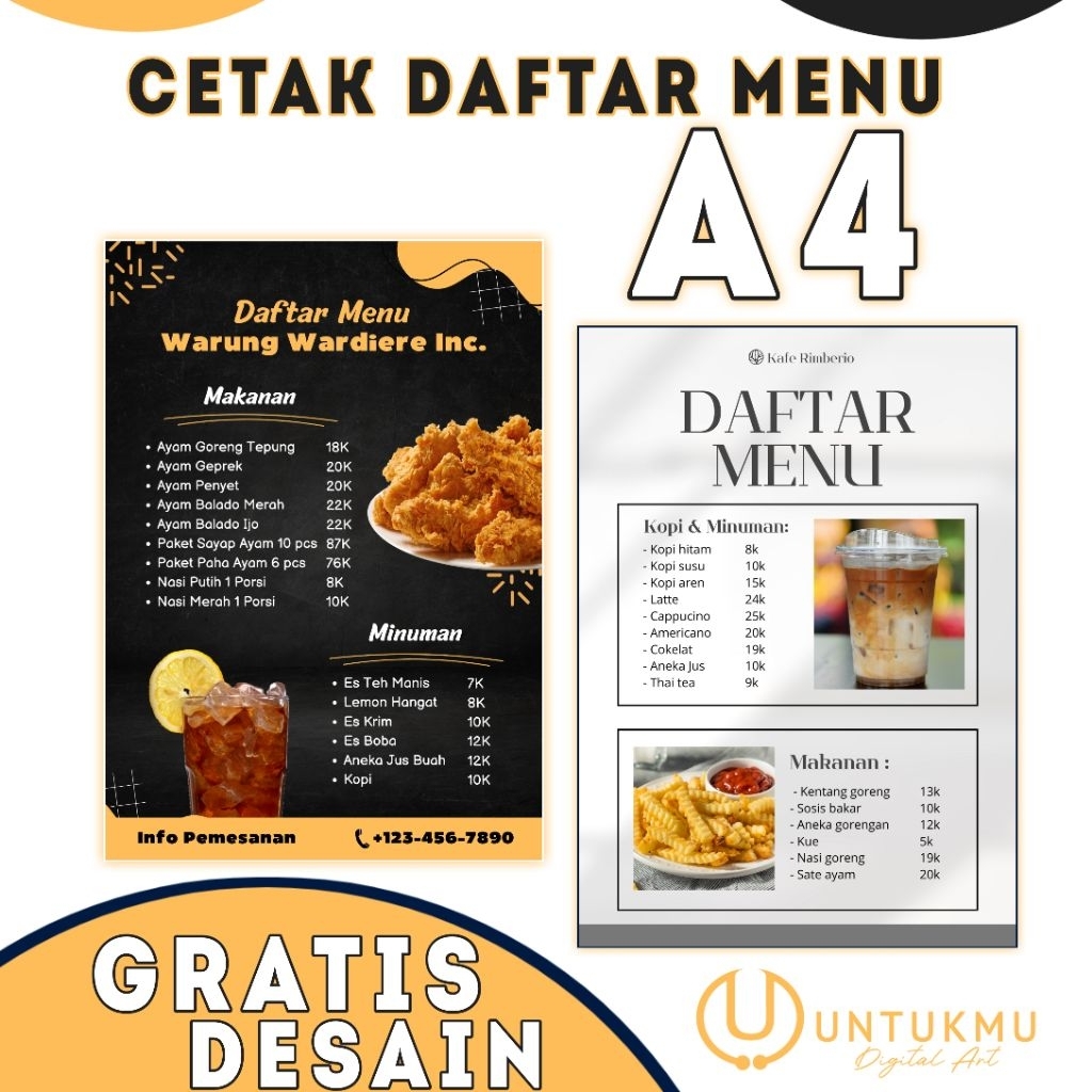 

Cetak daftar menu ( stiker / laminating ) gratis desain ukura a4
