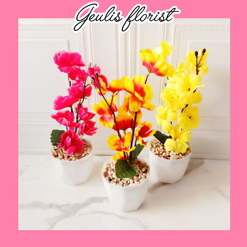 GF Bunga hias artificial sakura sudah set dengan pot/dekorasi ruang tamu/bunga hias plastik/bunga pl