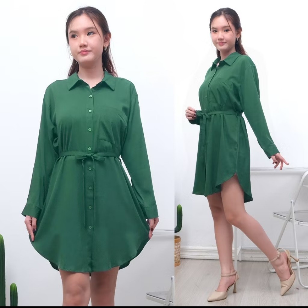 HGM Tunik Atasan Polos Hijau Botol Free Belt Tunik Kemeja Tangan Panjang