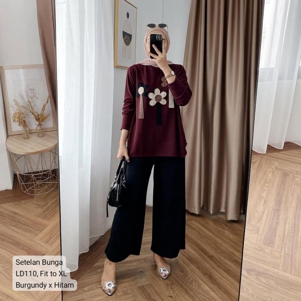 Setelan Rajut Knit Wanita Bunga Viral/One Set Knit Bordir Motif  Bunga/Setcel 2025