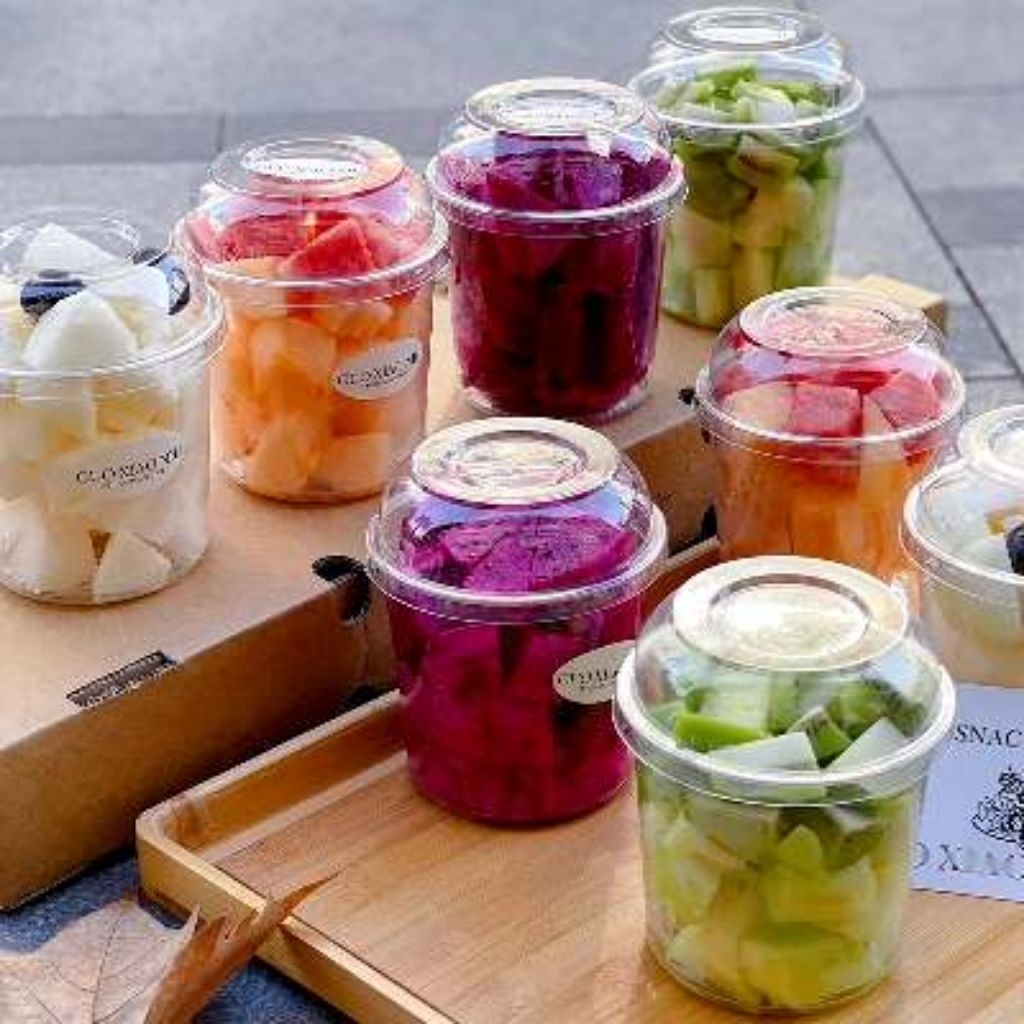 Satuan- Gelas Box Plastik wadah buah potong puding/ Gelas puding salad buah potong/Box plastik tempa