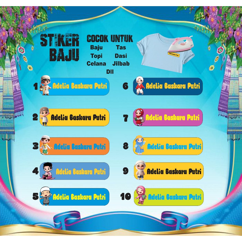 

Sablon Stiker Setrika Label Nama /Custom Label Nama Untuk Anak-anak santri Dan santriwati Bahan Dtf Isi 30 Pcs Waterproof