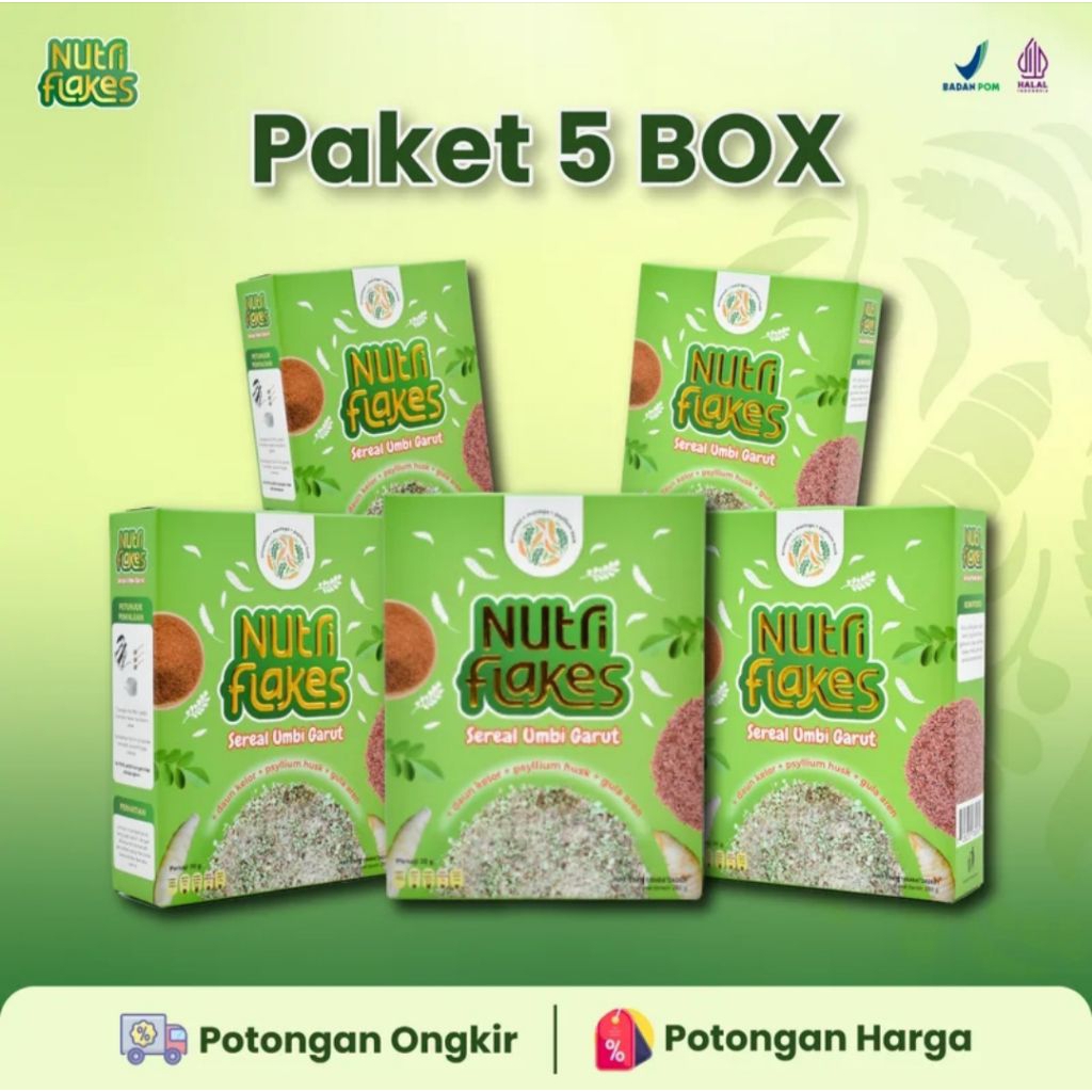 

Paket 5 Box Nutriflakes Sereal Umbi Garut Original Membantu Meredakan Asam Lambung