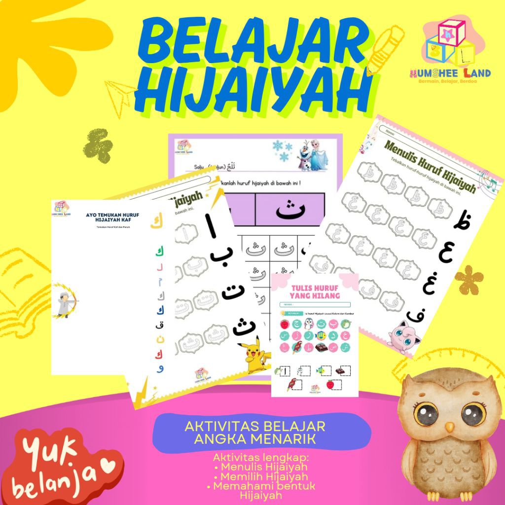 HUMSHELAND - Worksheet Hijaiyah 40/80 Halaman Anak pra TK 2,3,4,5 Tahun – Belajar Menulis, Mengenal 