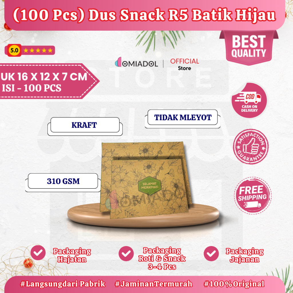 

Box Dus Kue R5 Motif Batik Hijau Premium - Ukuran 16x12x7,5 cm - Isi 100 Pcs