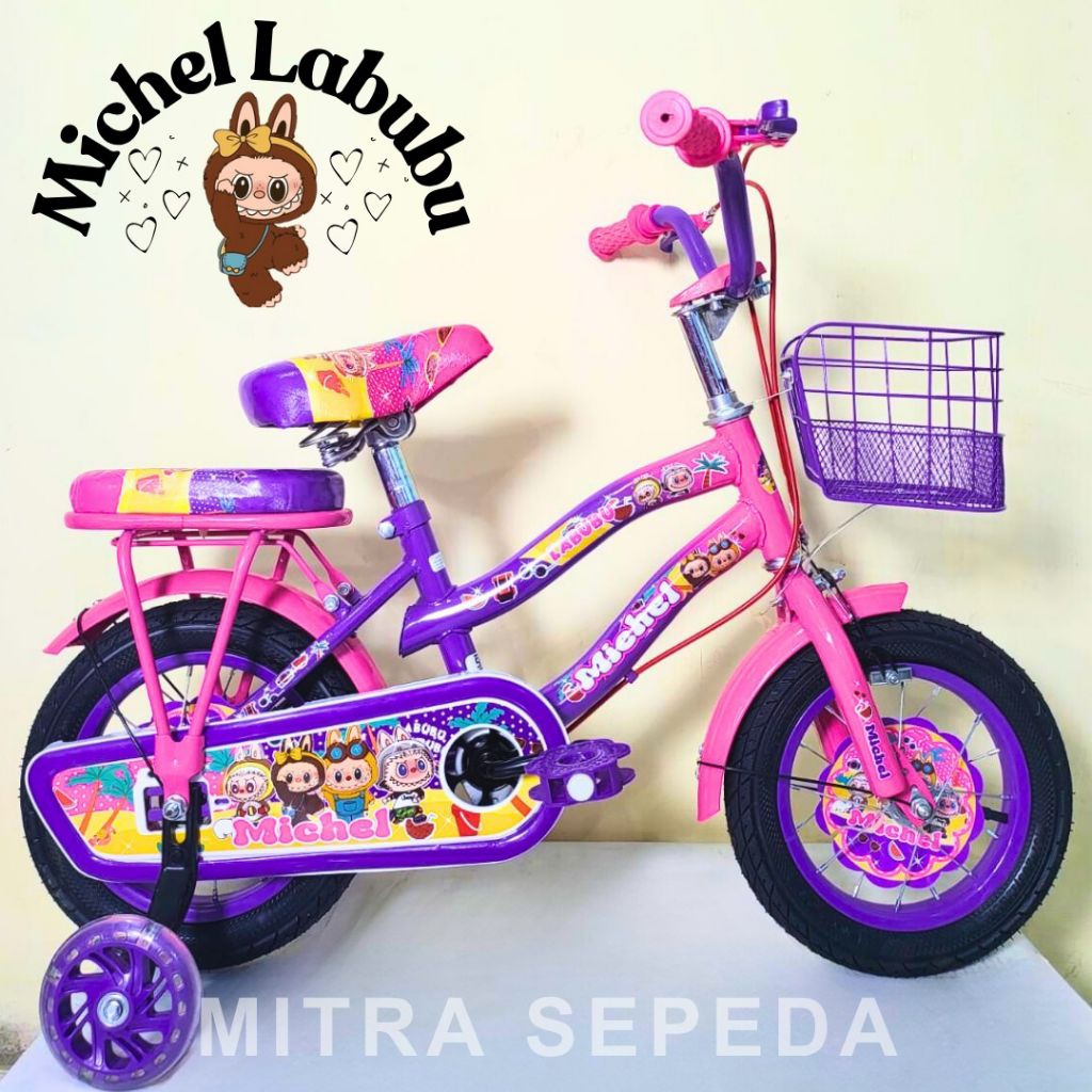 Sepeda Anak Perempuan 12 Inch Labubu Michel SNI Musik Lampu