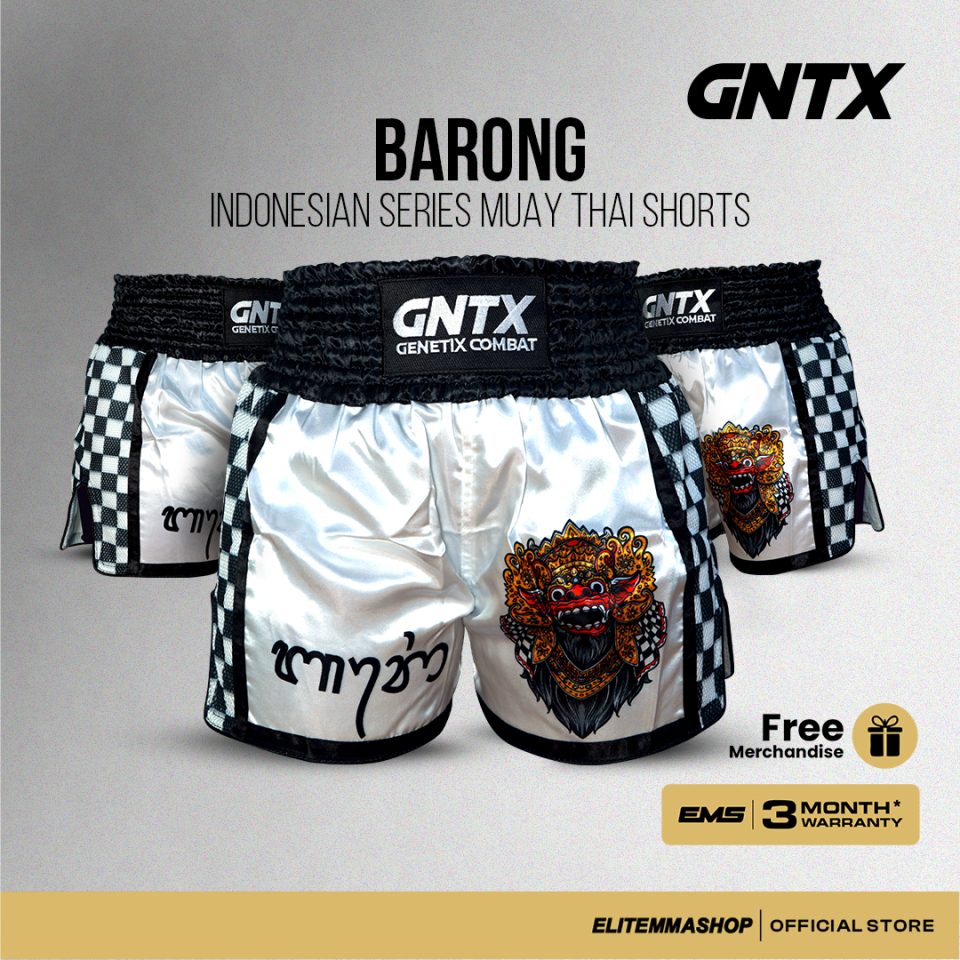 GENETIX GNTX BARONG MUAY THAI SHORTS WHITE KICK BOXING SHORTS CELANA BOXER, CELANA TINJU, CELANA BOX