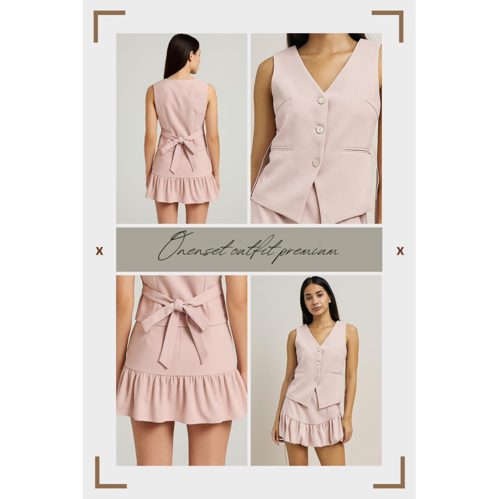 Setelan Wanita Blazer Tanpa Lengan & Rok Ruffle – Soft Pink Elegan