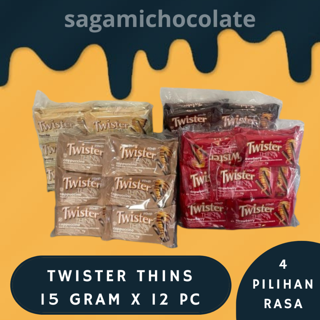 

DELFI TWISTER THINS 15 GR ( 1 BAG / 12 PC ) / BISKUIT TWISTER THINS / SNACK RASA VANILA / COKLAT / STRAWBERRY / CAPPUCINNO