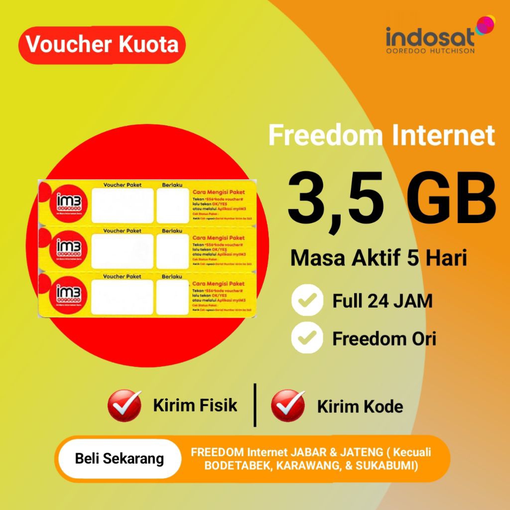Voucher Indosat 3,5 GB - Voucher Kuota IM3 3,5 GB 5 Hari - Paket Freedom Internet
