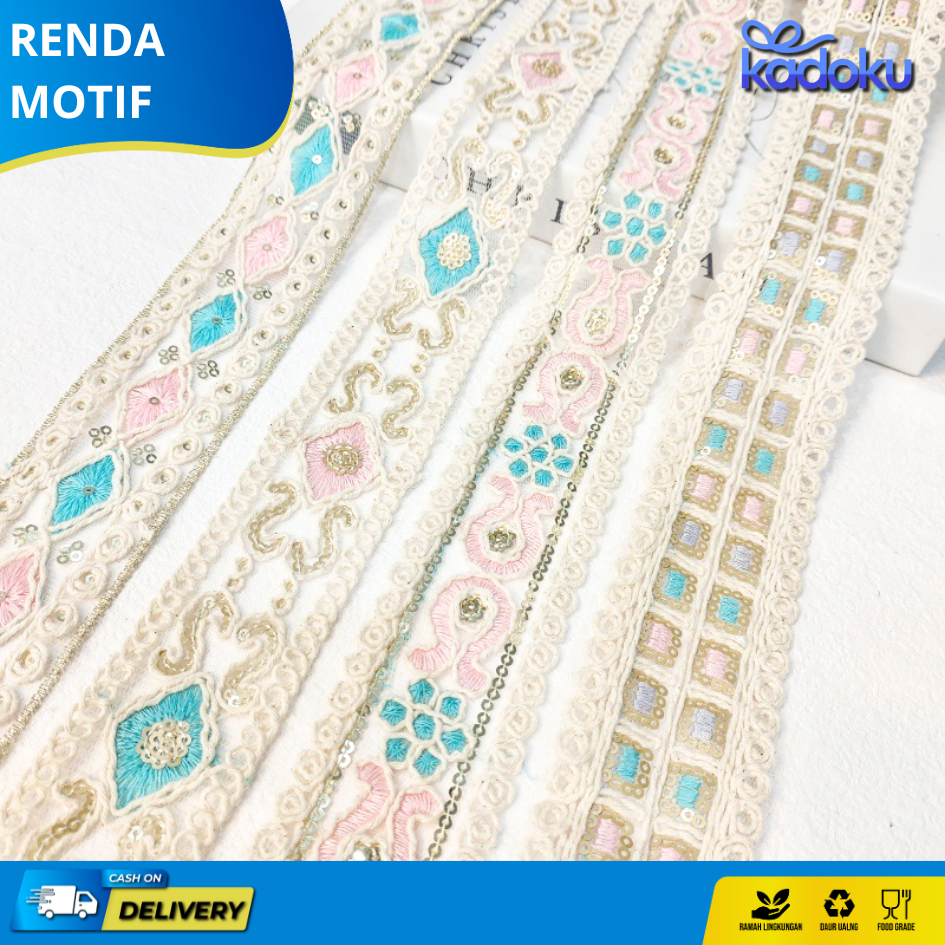 Renda Rajut Motif Cantik Bordiran Timbul Cream / Renda Rumbai / Renda Rajut Tengahan (Permeter) |FR0