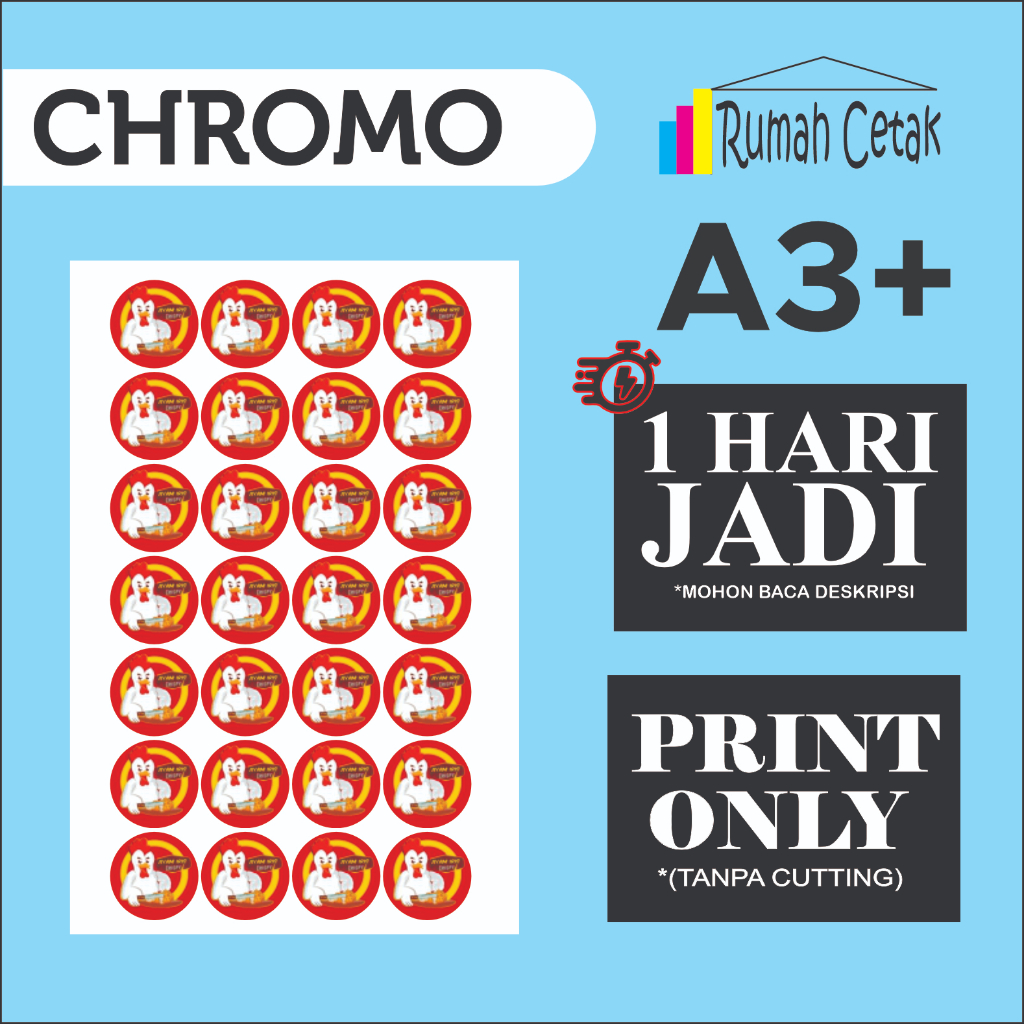 

Print Cetak Label Stiker Chromo / Bontac A3+ (TANPA CUTTING) Label Makanan Label Kemasan Print Stiker