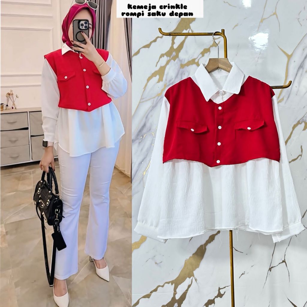 KEMEJA CRINKLE ROMPI MERAH PUTIH 17 AGUSTUS WANITA / ATASAN WANITA HARI KEMERDEKAAN - BLOUSE WANITA 