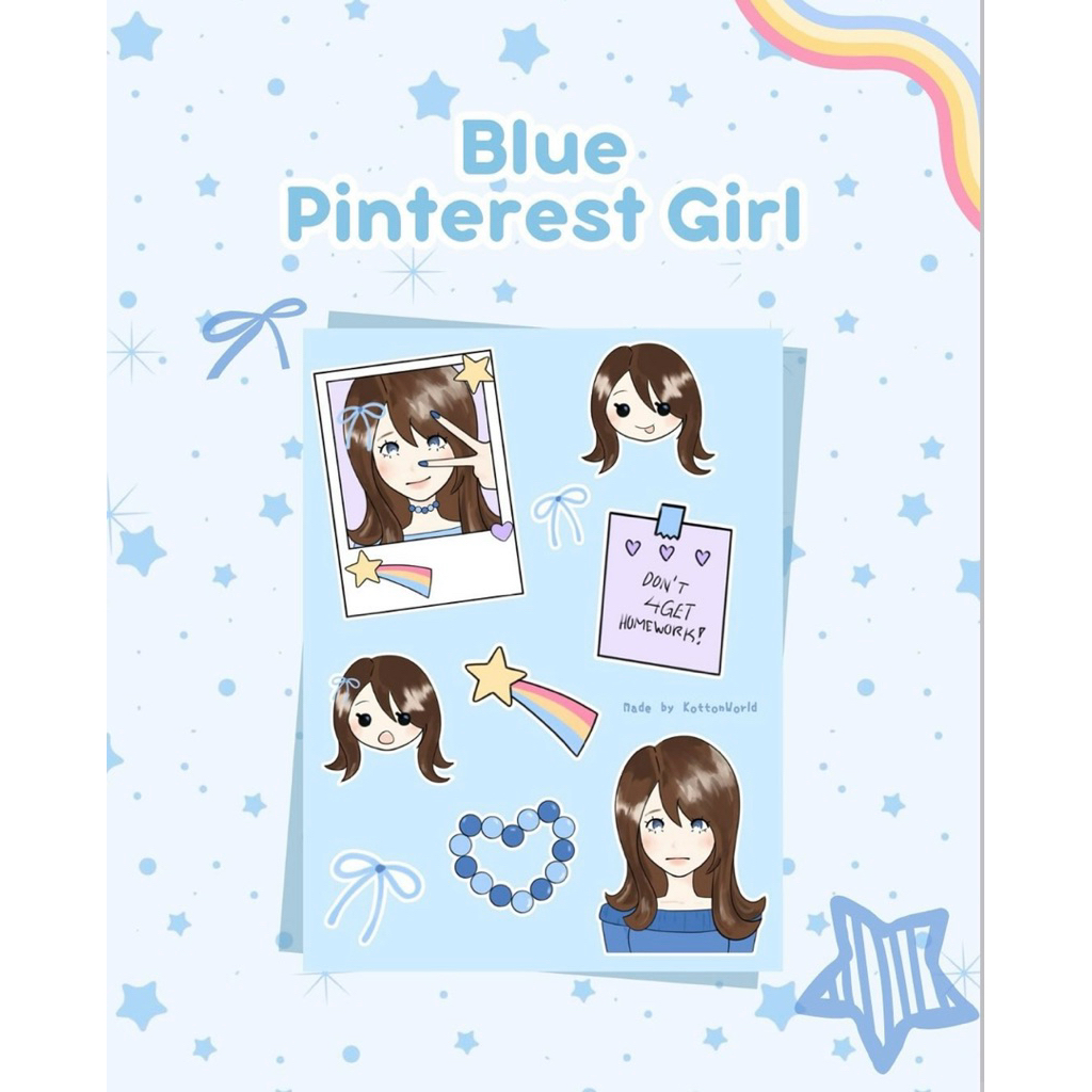

Blue Pinterest Girl Sticker Sheet | waterproof vinyl stickers, kawaii deco sticker, decorating, journaling, stickers