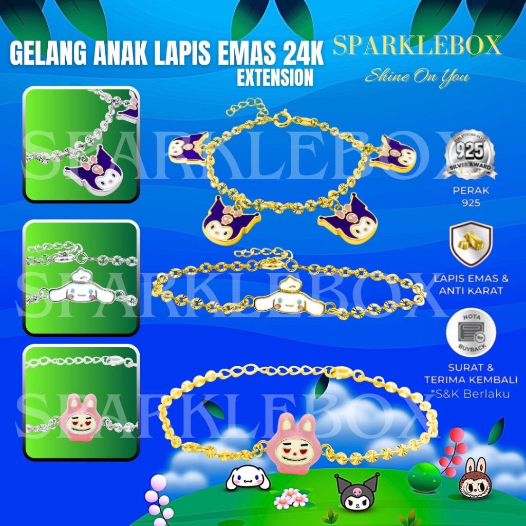 Gelang Perak Anak - Gelang Perak Anak Perempuan - Gelang Anak Perak - Labubu Cinnamoroll Kuromi - Sp