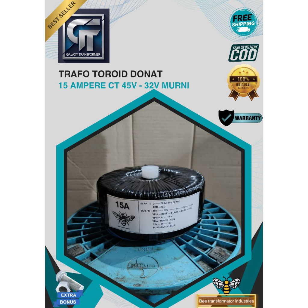 trafo toroid donat 15A CT 45V - 32V murni