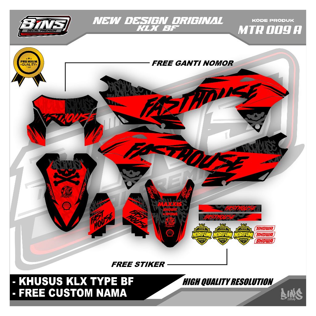 MTR009-STIKER DECAL MOTOR KLX BF MOTIF SIMPLE FASTHOUSE MERAH HITAM BIRU FREE NAMA / NOMOR TERMURAH