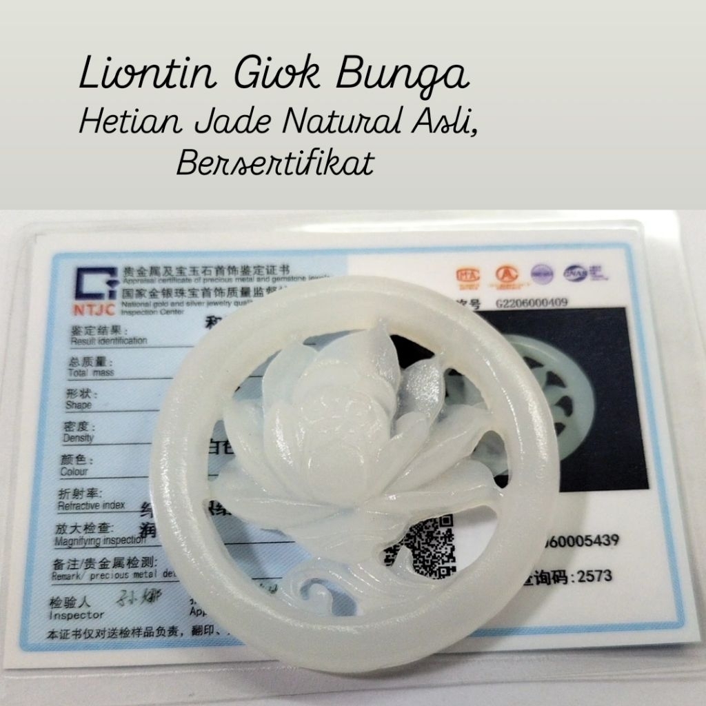 Liontin Giok Asli Lotus Putih Bersertifikat (5439)