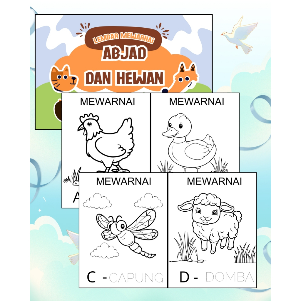 

LEMBAR KERTAS MEWARNAI - GAMBAR MEWARNAI - SKETSA ANAK TK - PAUD - HEWAN - ABJAD