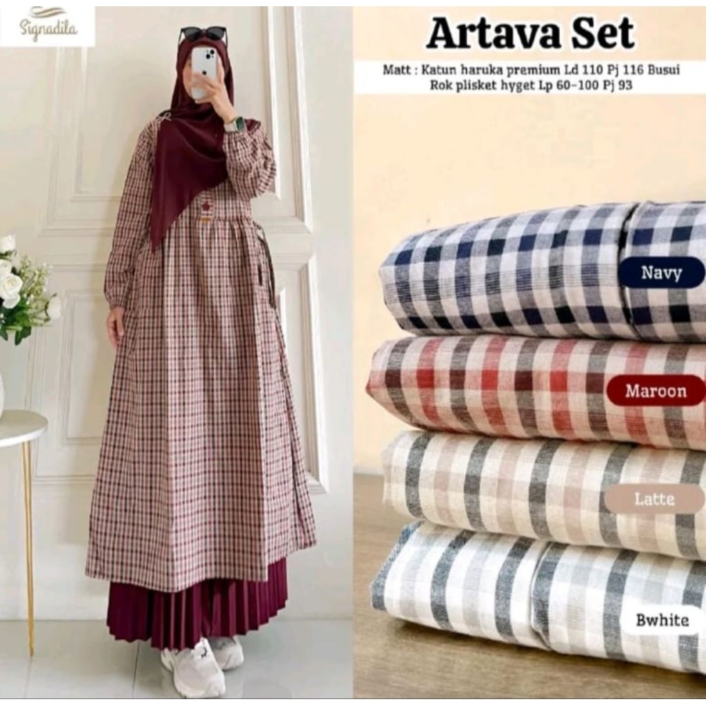 ARTAVA SET LONG TUNIK WANITA MOTIF KOTAK KECIL BUSUI
