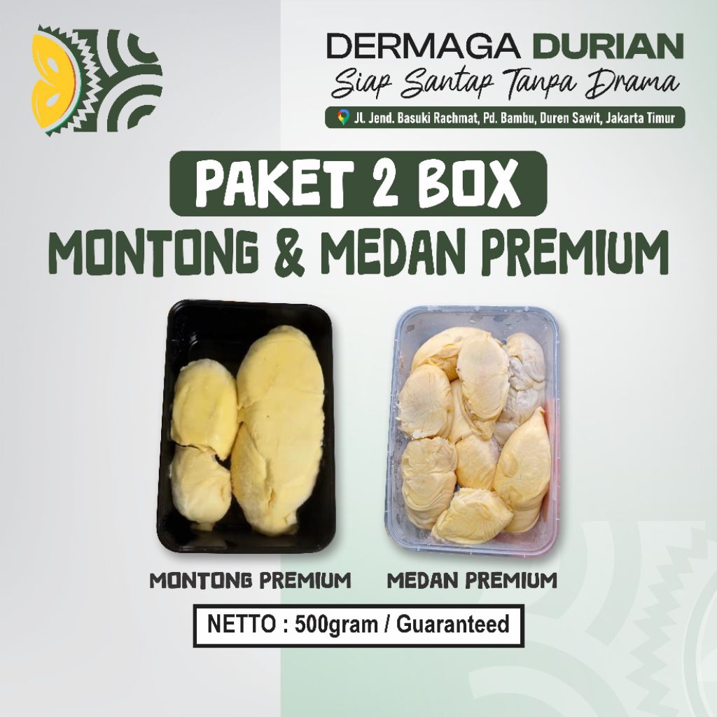 

PAKET 2 BOX DURIAN MONTONG PREMIUM & DURPAS MEDAN PREMIUM / KEMASAN ±500 gram